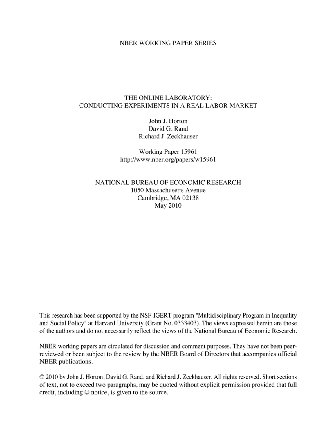 (The) Online laboratory: conducting experiments in a real labor market ...