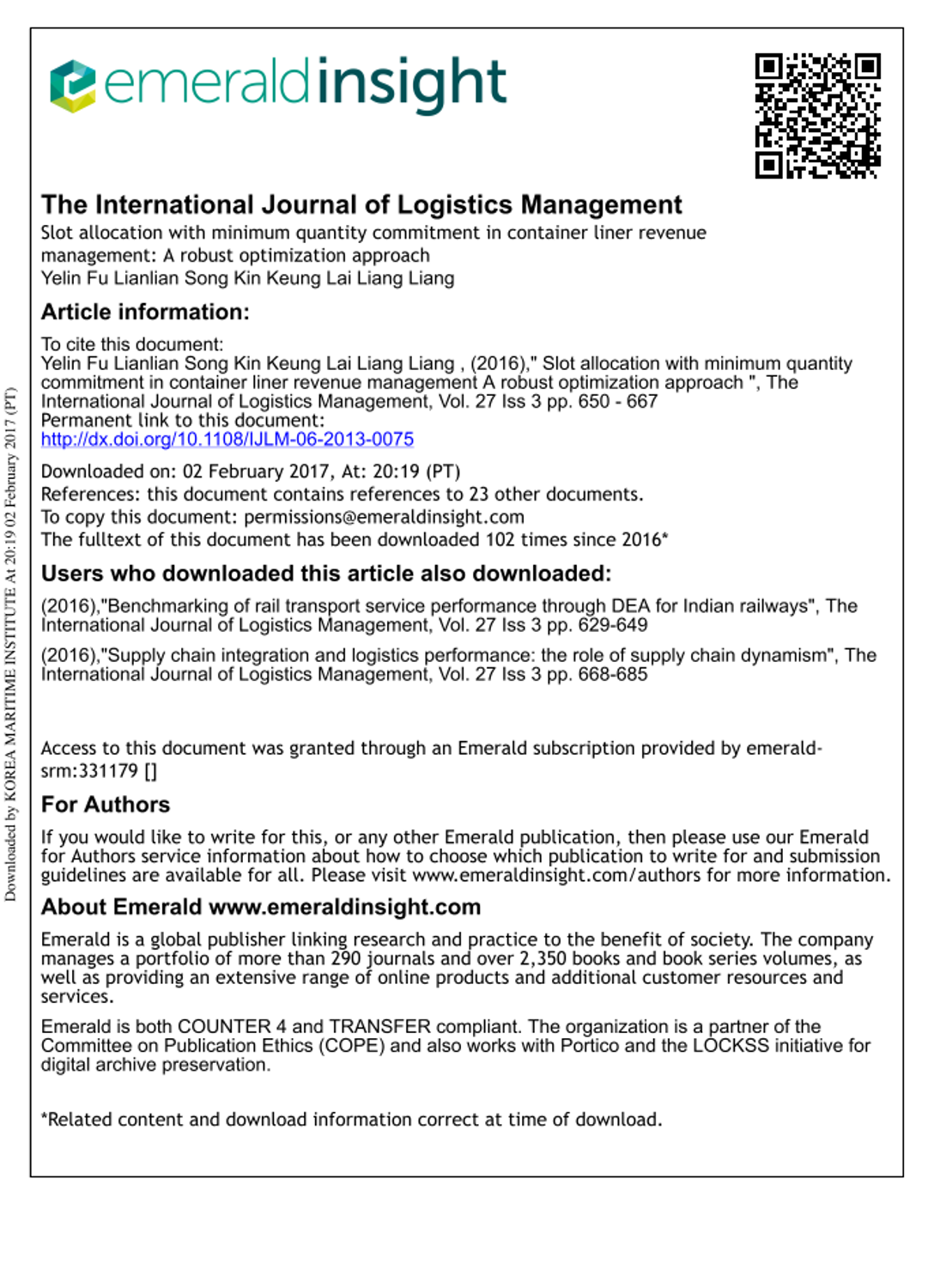 Slot allocation with minimum quantity commitment in container liner ...