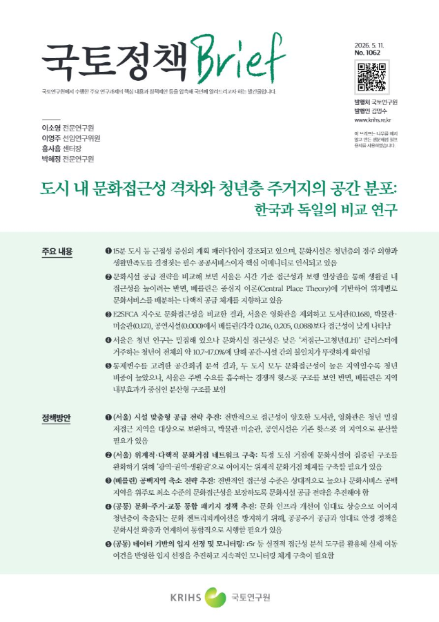 [국토정책Brief 제1062호] 도시 내 문화접근성 격차와 청년층 주거지의 공간 분포: 한국과 독일의 비교 연구